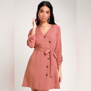 Lulus - Willah Rusty Rose Button-Up Wrap Dress